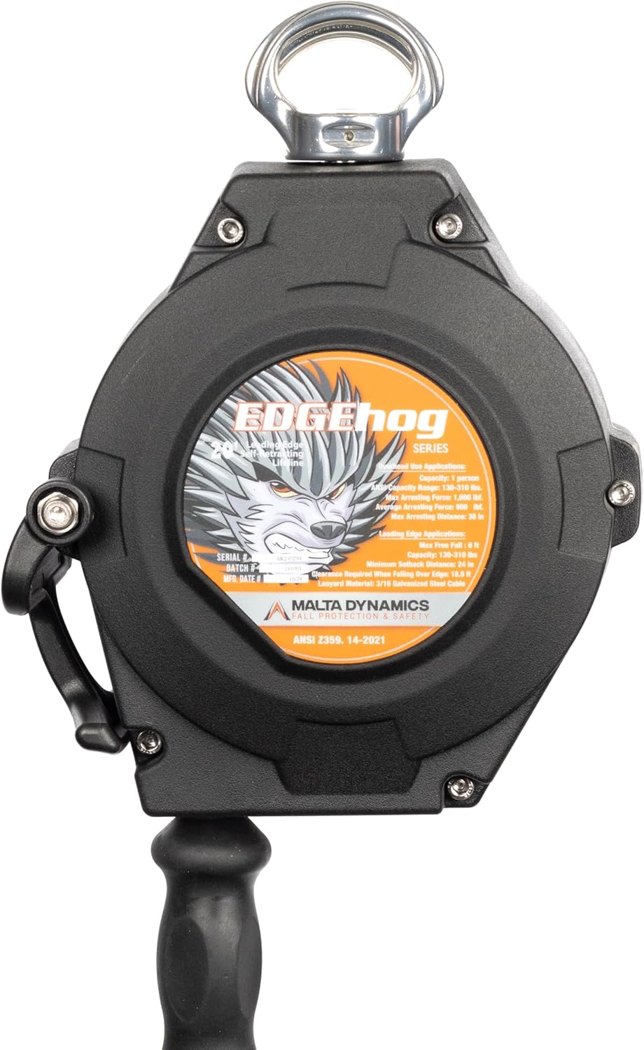 Malta Dynamics Edgehog Self Retracting Lifeline – 20’ Leading Edge Fall Protection Yoyo Cable, Class 2 Retractable Lanyard with Quick-Action Brake, OSHA and ANSI Compliant Safety Lanyard