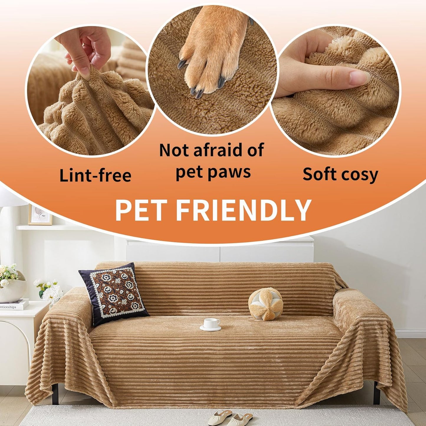 HAOMAIJIA Faux Fur Sofa Covers Couch Covers for 2 Cushion Couch Sofa Pet Friendly Soft Non Slip Couch Cover for Dogs Washable Sectional Couch Covers L Shape Furniture Protector (Khaki, 91"x118")