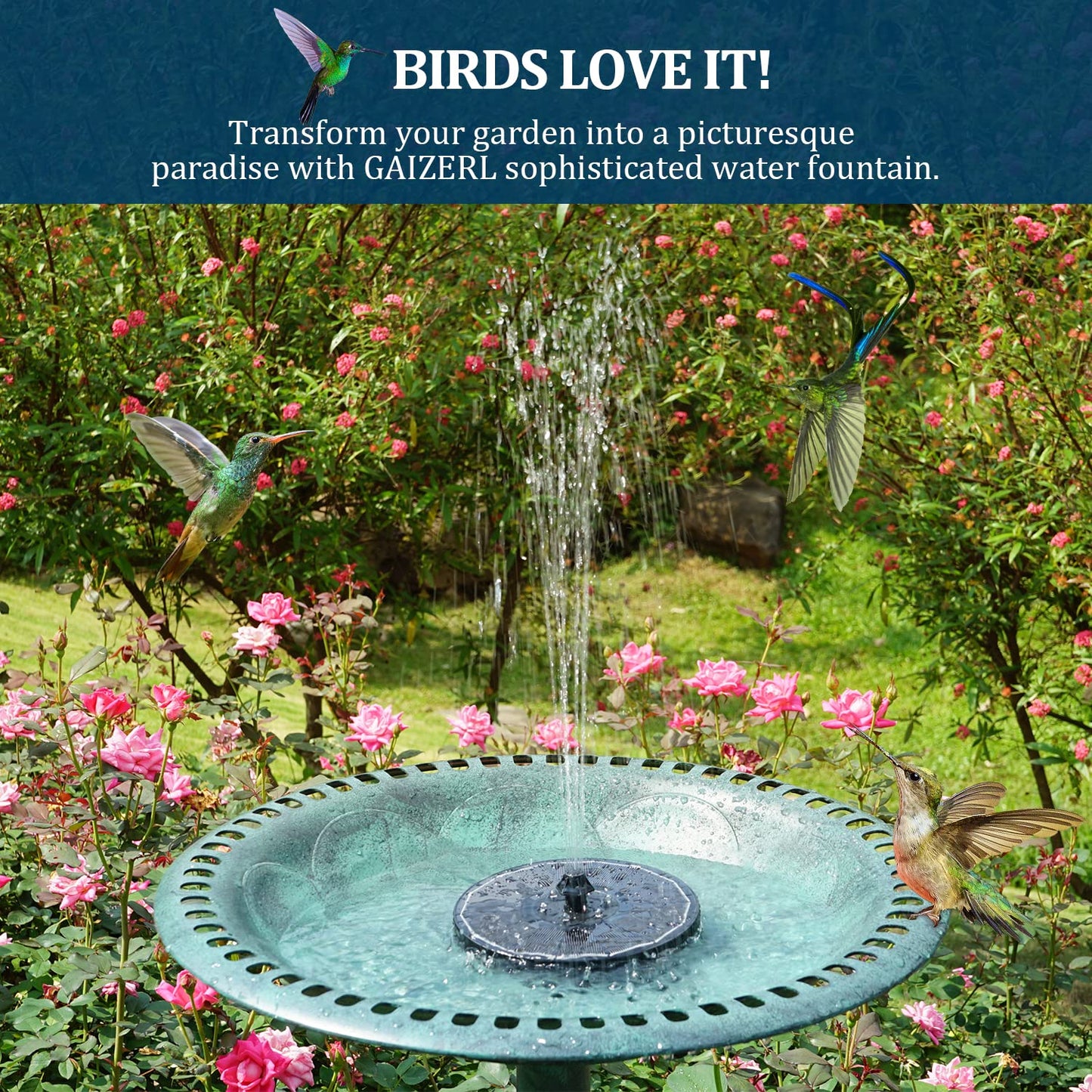 GAIZERL Solar Fountain New, 3.5W Solar Bird Bath Fountains with Glass Panel, 2200 Battery, Hummingbird Water Features with Color LED Lights, 8 Spray Modes & 4 Fixed Pipes for Garden, Pool, Pond