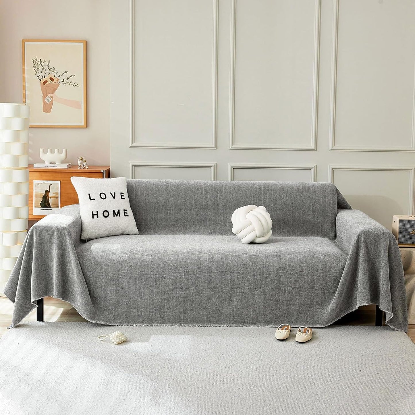 STACYPIK Chenille Sofa Cover for Dogs, Washable Dark Gray Couch Cover for Pets, Non Slip Couch Covers for L Shape, Furniture Protector for 3 Cushion Couch with Tassels,Sofa Throw Blankets-71X134IN