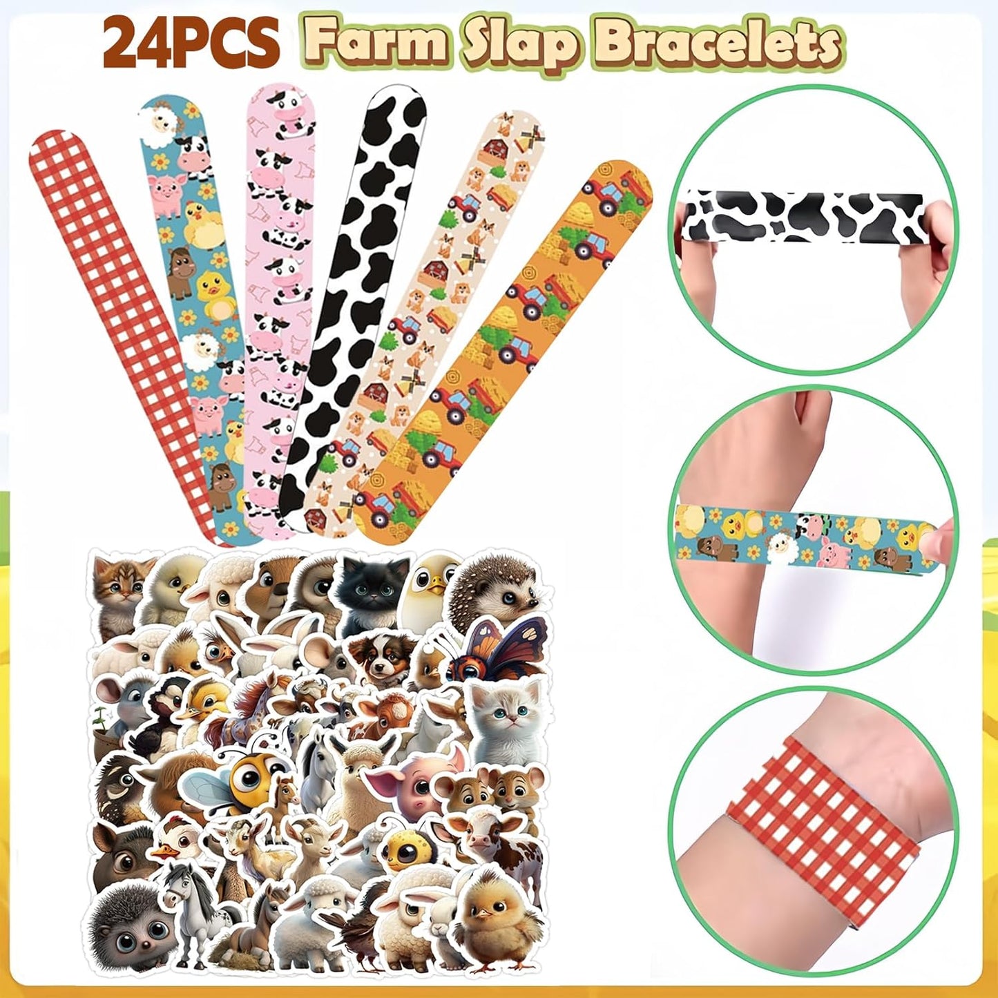 74PCS Farm Animals Party Favor 50PCS Barnyard Party Stickers&24PCS Slap Bracelets Farm Animals Birthday Supplies Team Gift Fillers School Classroom games Rewards Supplies