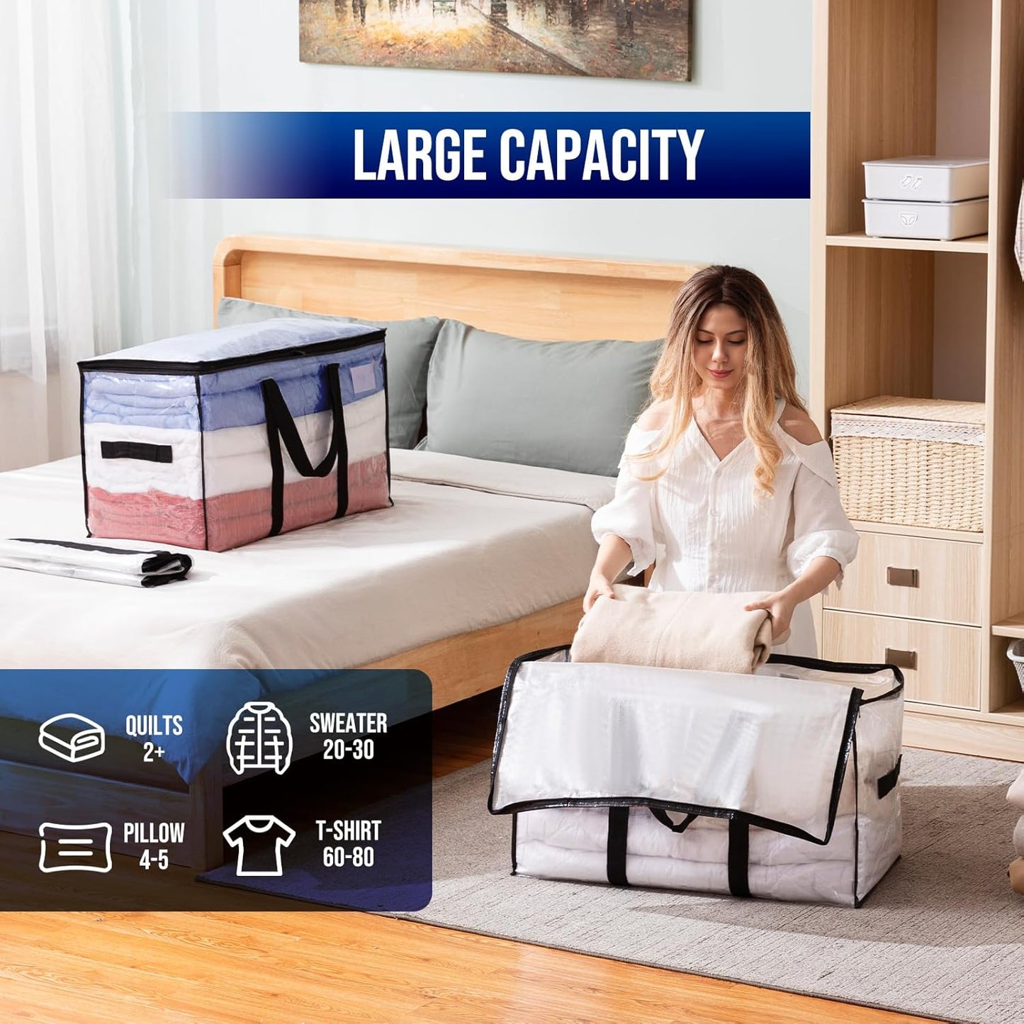 TAILI Extra Large Moving Bags, 12 Pack Clear Heavy Duty Totes For Storage with Visible Window, Wrap Around Handles, Storage Bags for Space Saving, Alternative to Moving Boxes