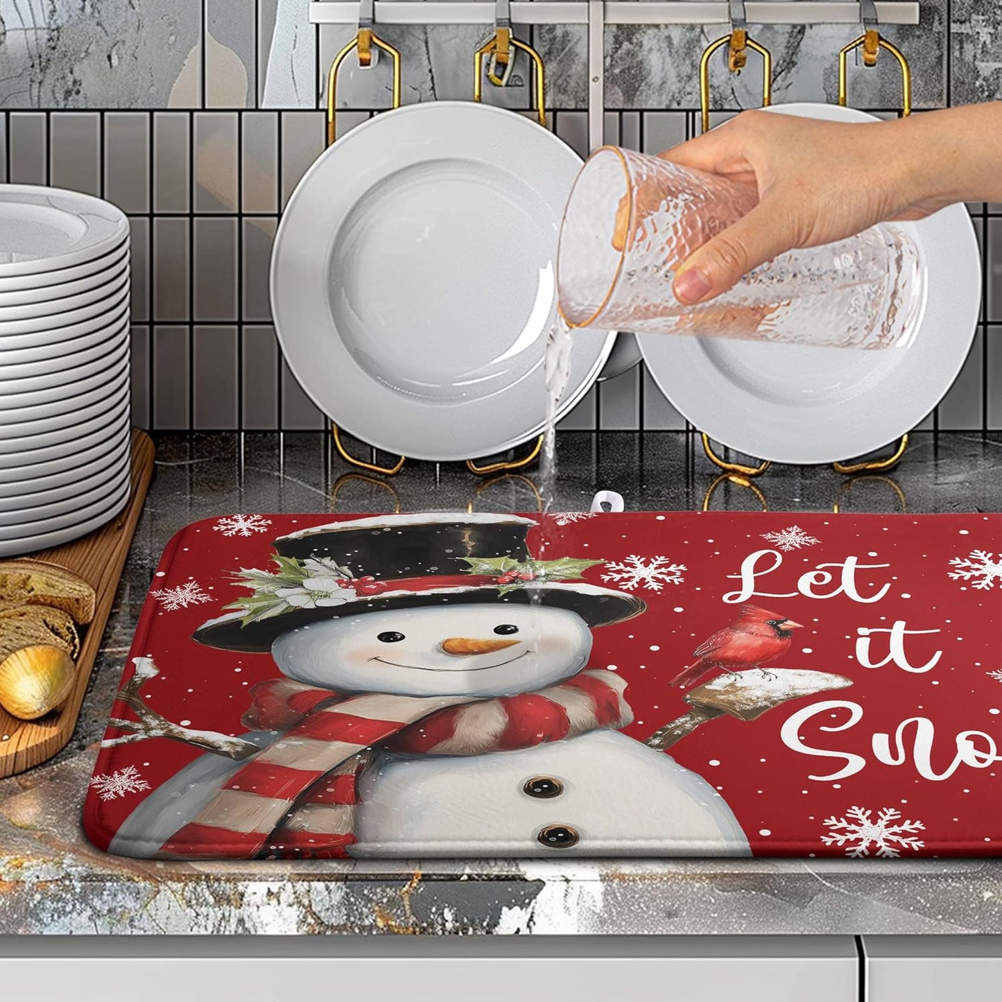 Snowman Christmas Dish Drying Mat Winter Drying Mats for Kitchen Counter Xmas Holiday Red Dish Draining Mat Microfiber Absorbent Reusable Dish Rack Pad 18x24 Inch