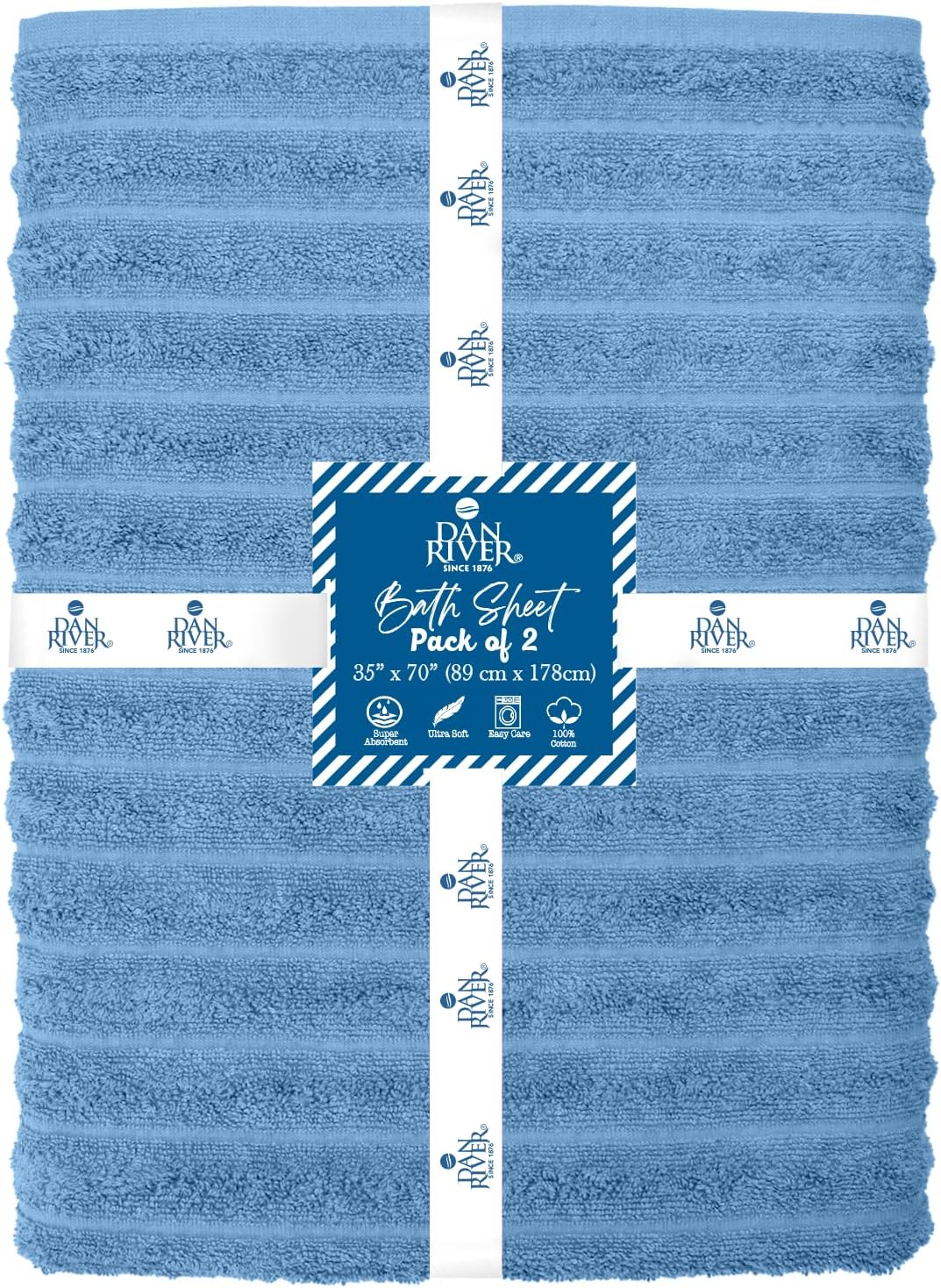 DAN RIVER Pack of 2 Bath Sheet 35x70 Inches, Ribbed Luxury Bath Towel Set, Extra Large and Quick Dry Soft Cotton Towels - Medium Blue