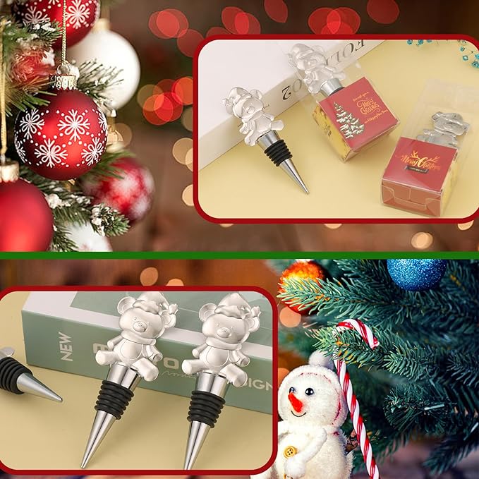 Set of 3 Metal Reusable Bear Wine Bottle Stoppers for Wine, Champagne - Christmas Decorative Party Favor