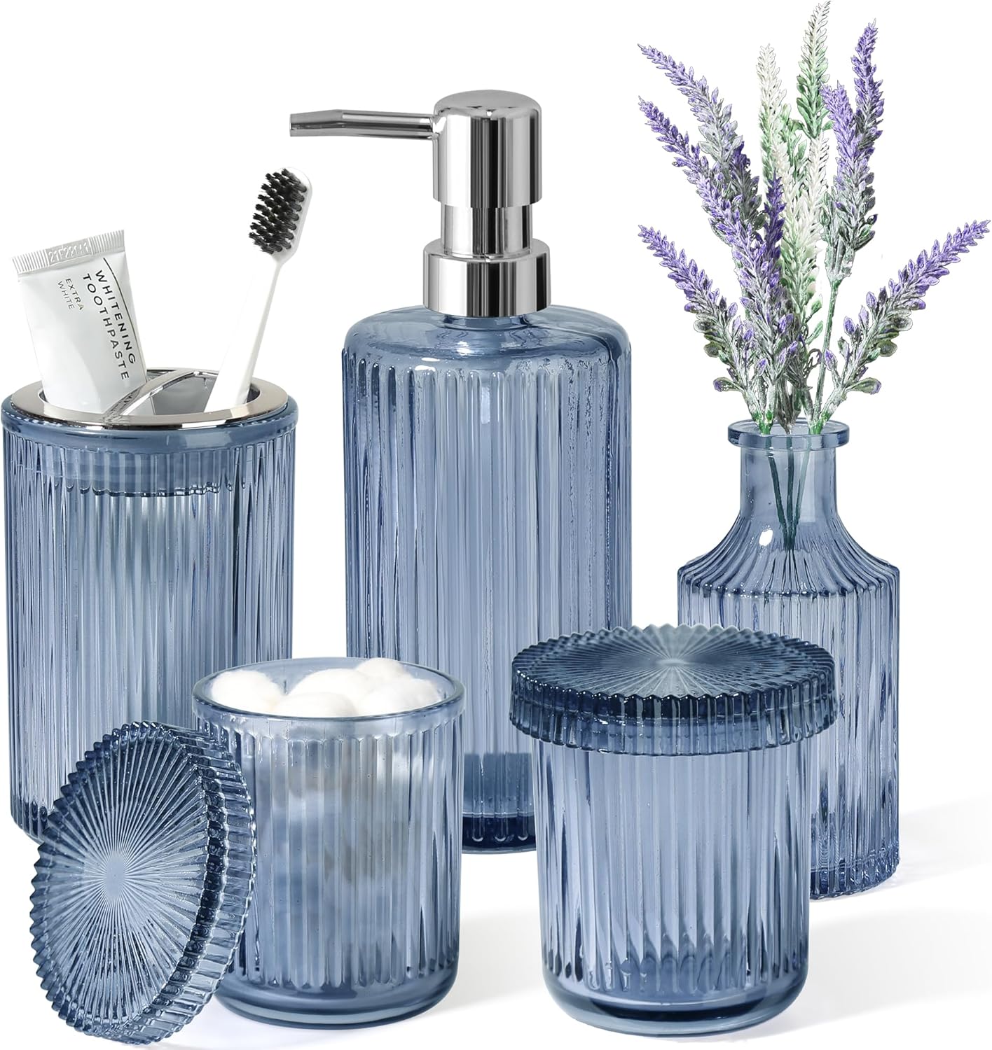 Blue Bathroom Accessories 5 Pcs, Glass Bathroom Accessory Set, Vintage Blue Bathroom Set, Royal Soap Dispenser and Toothbrush Holder Set, Qtip Holder, Small Flower Vase, Modern Bathroom Decor