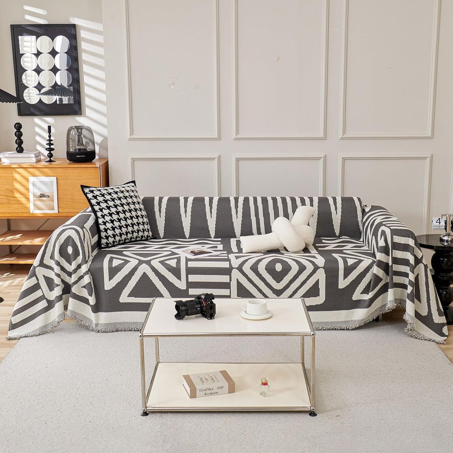 HANDONTIME Reversible Sofa Cover Boho Geometric Couch Cover for Dogs Dark Grey Couches Covers Washable Chenille Couch Covers for 3 Cushion Couch Pet Friendly Furniture Protector for Pets, 71" X118"