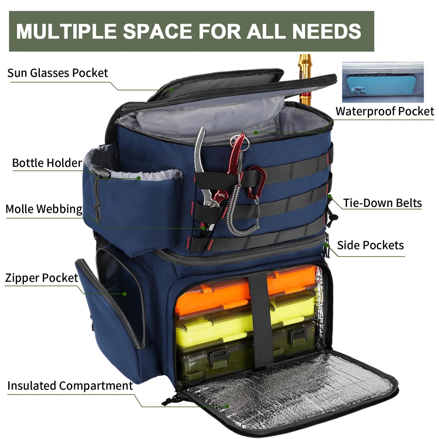 MATEIN Large Fishing Backpack for Boys, Water Resistant Large Fishing Gear Backpack with Rod Holders & Cooler, Tackle Storage Bag for Shore Trips, Gifts for Fishermen