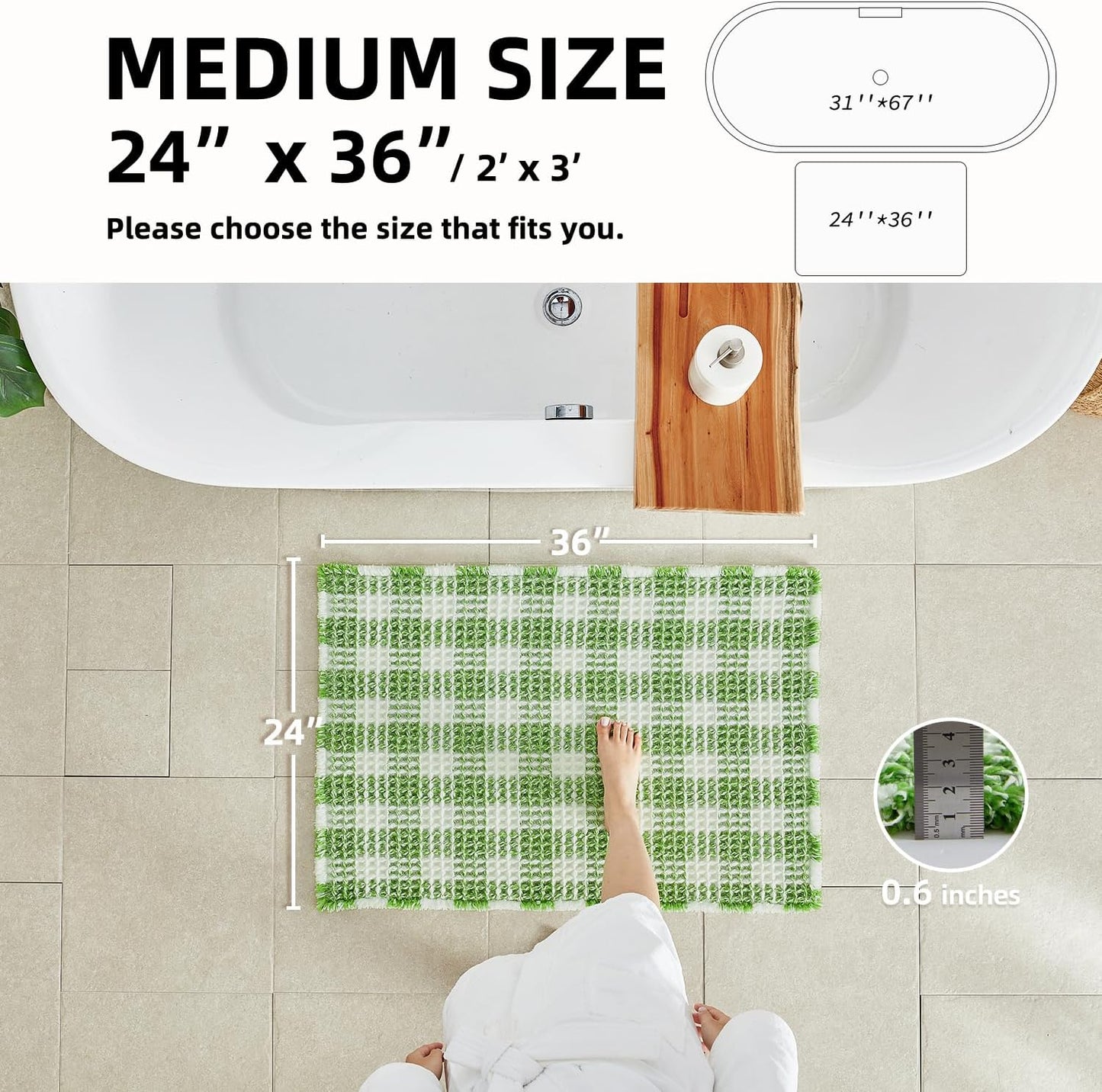 Waffle Bath Mat, Boho Bathroom Rugs Non Slip Washable Absorbent Checkered Bathroom Mat Quick Dry Cute Bath Mat, 36"x24" Green and White