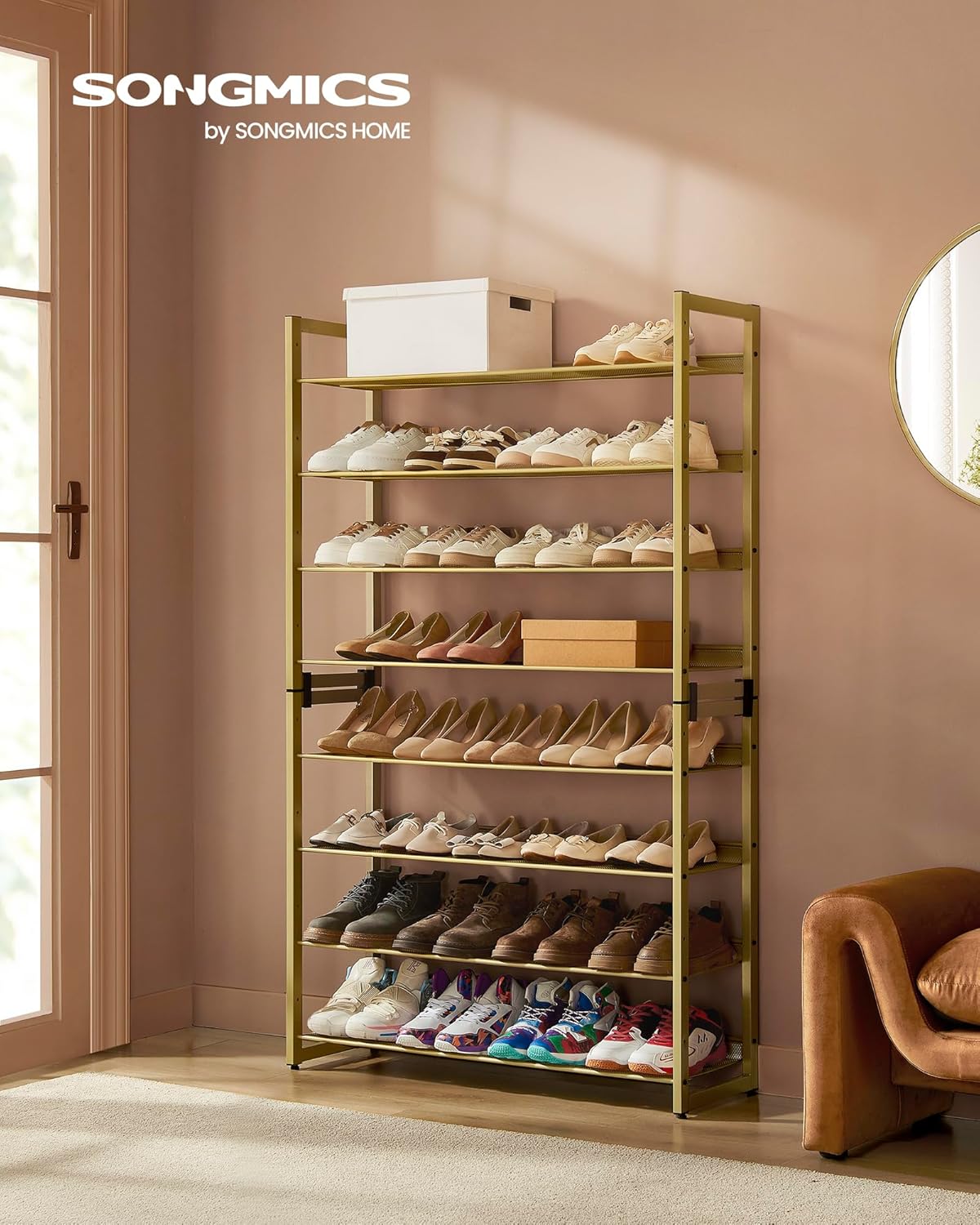 SONGMICS Shoe Rack, 8-Tier Shoe Organizer, Metal Rack for Garage, Set of 2, 4-Tier Stackable Shelf, with Adjustable Flat or Angled Shelves, 32-40 Pairs, Pale Gold ULMR08A02
