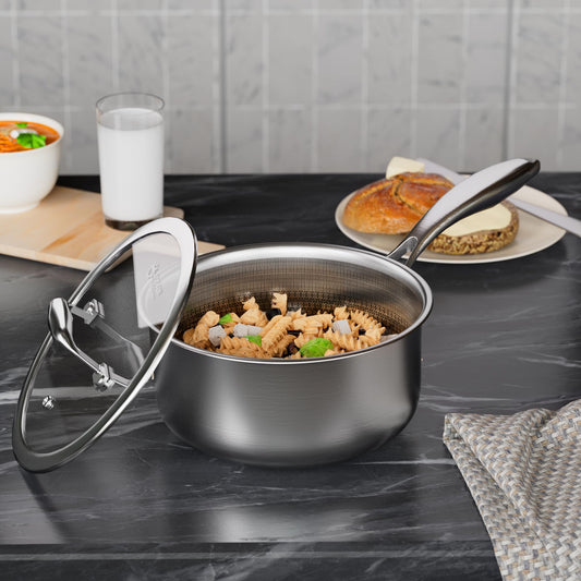 COOKER KING 2 Quart Stainless Steel Saucepan, Nonstick Sauce Pan, Ceramic Suce Pot with Tempered Glass Lid, Induction Pot Compatible with All Cooktops, Dishwasher & Oven Safe(PFAS/PFOA/PTFE Free)
