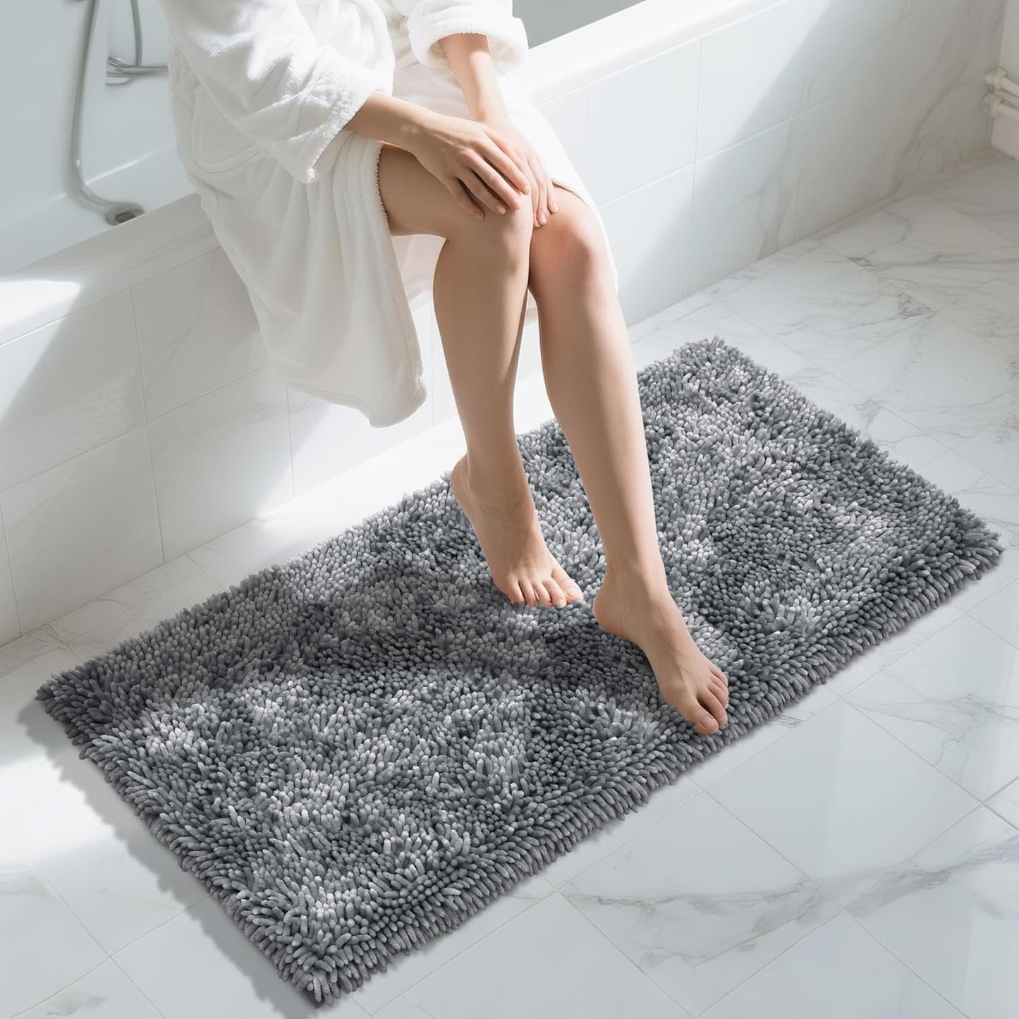 Yimobra Luxury Chenille Bathroom Rug Mat, Extra Soft and Absorbent Shaggy Bath Rugs Non Slip, Machine Washble Dry, Plush Floor Carpet for Tub, Shower, and Bath Room, 44x24 Inch, Silver