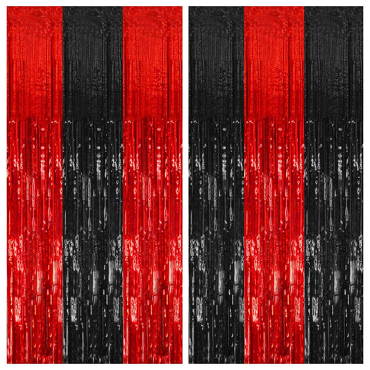 2 Pack Black and Red Party Backdrop Streamers Decorations Foil Fringe Curtains Metallic Tinsel Backdrop for Birthday Halloween C