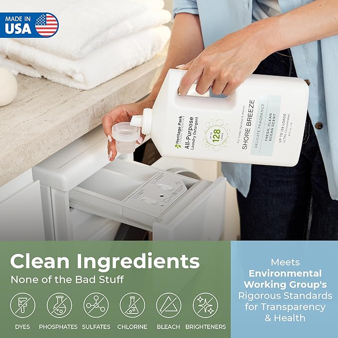 Heritage Park All-Purpose Shore Breeze, Lightly Scented, pH-Neutral Laundry Detergent - Stain-Fighting Enzymes, Ultra Concentrated (64 fl oz Refill Pouch)