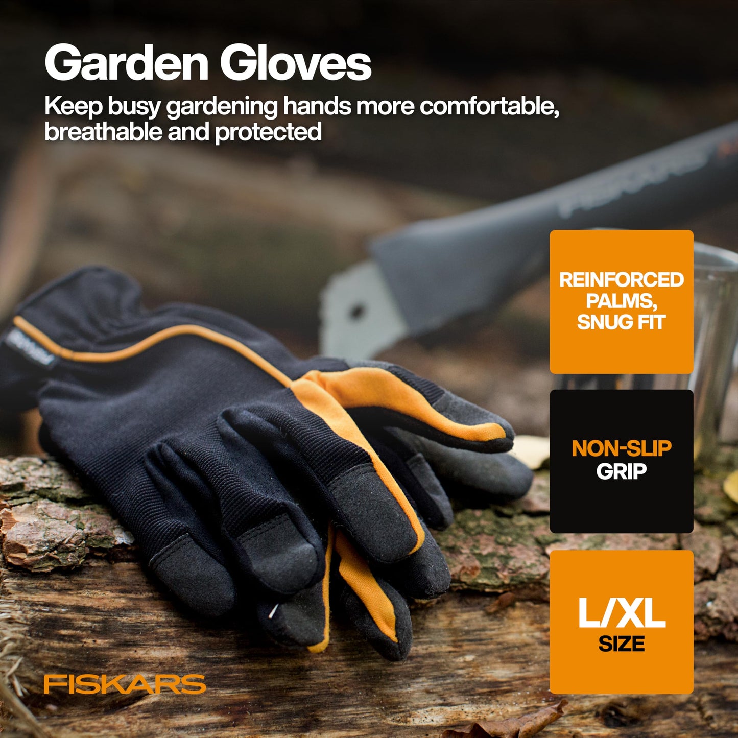 Fiskars Vegetable Gardening Essentials 6-Piece Tool Set for Cultivating, Serrated Stainless Steel Shears & 4-in-1 Seed Sower for Planting, Rust-Resistant Steel Trowel, Cultivator, Weeder, L/XL Gloves
