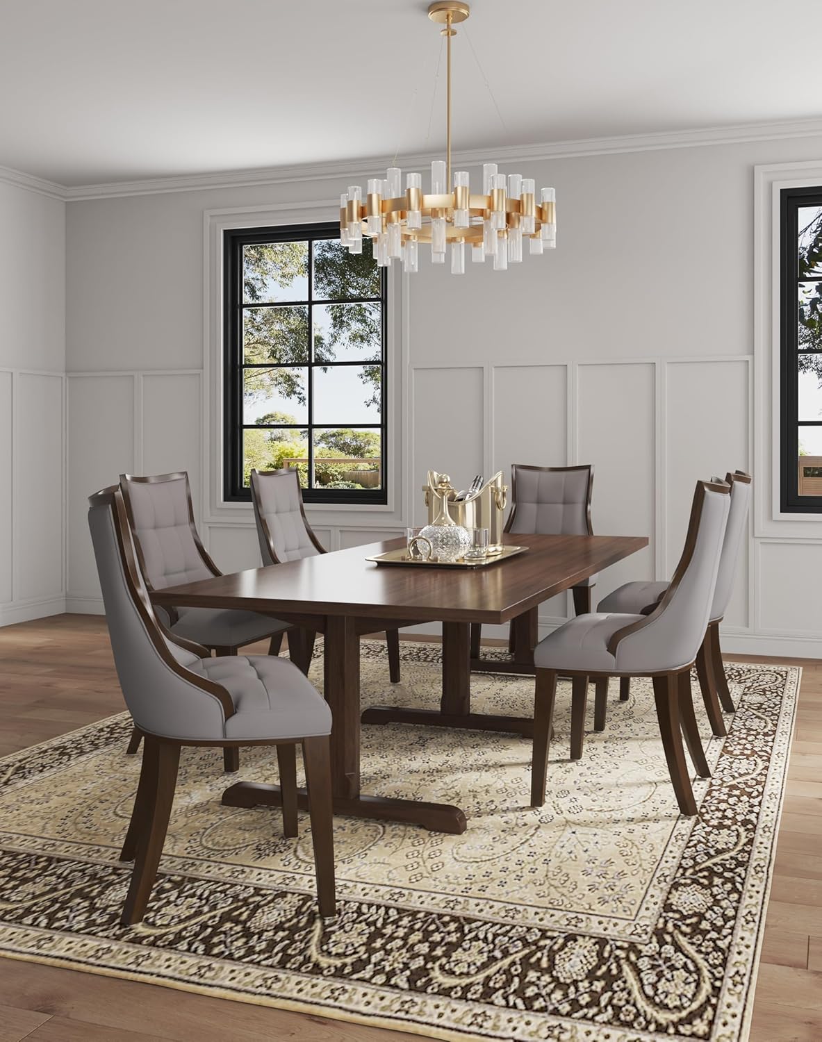 Manhattan Comfort Fifth Avenue Faux Leather Dining Chairs, Parsons Accent Furniture with Padded Wingback Seat, Fine Rectangular Stitching and Solid Beech Wood Frame, Set of 2, Grey