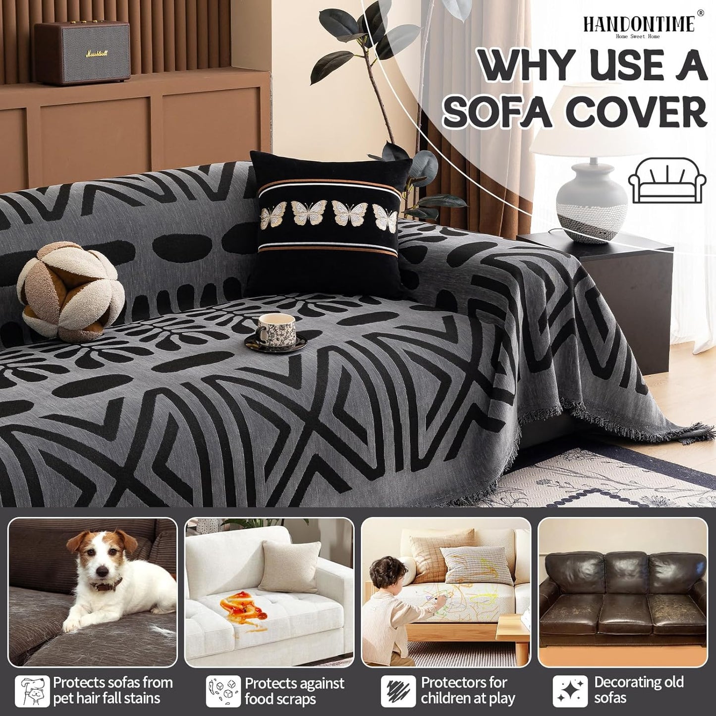 HANDONTIME Boho Couch Cover Blanket Geometric Striped Pet Covers for Couches and Sofas Dark Grey and Black Dog Cover for Couch Pet Friendly Chenille Sectional Sofa Covers for Pets Washable, 71" X150"