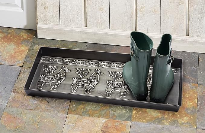 HF by LT Llama Pattern Metal Boot Tray, 30 x 13 inches, Antique Zinc Finish