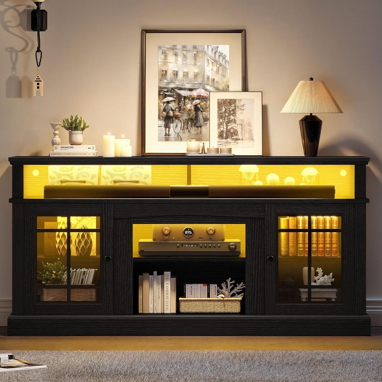 YITAHOME Black TV Stand for 75 Inch TV, LED Modern Entertainment Center with Adjustable Shelves and Glass Doors, 32'' Tall Television Stands TV Media Console Table for Living Room, Black