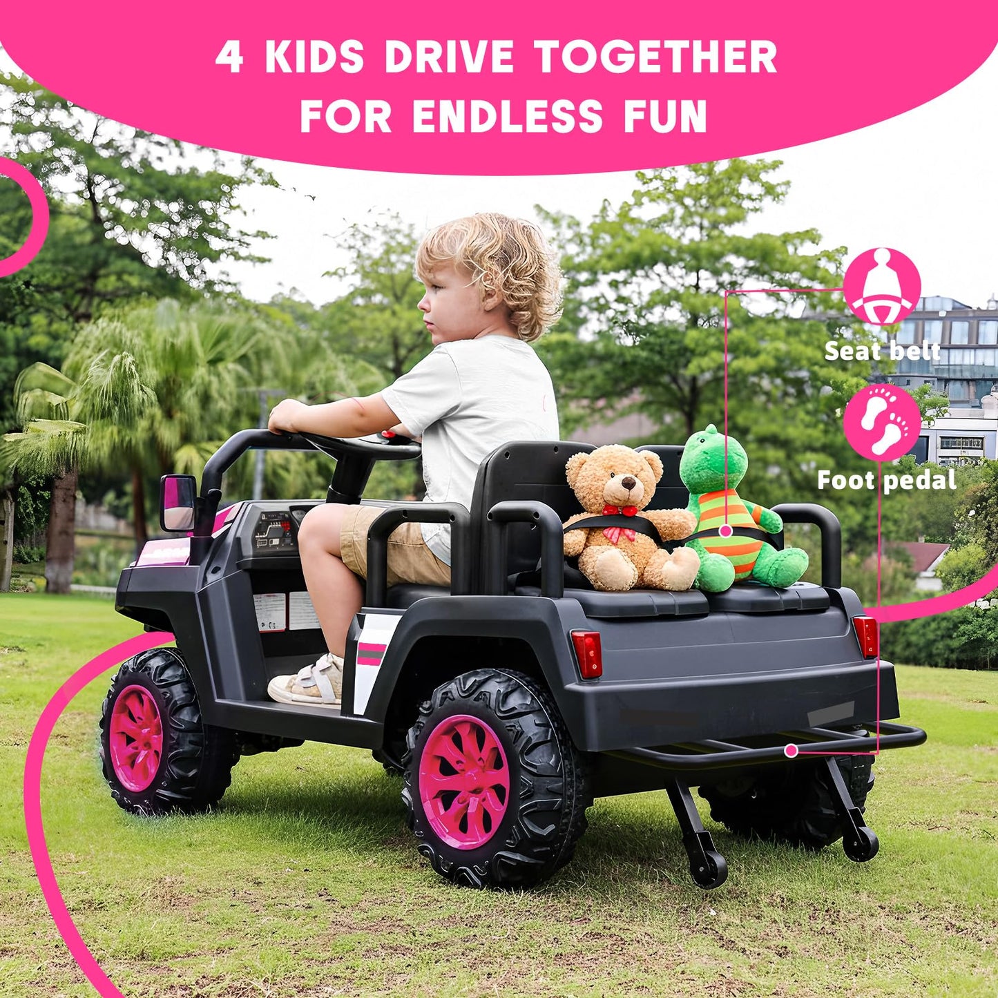 Electric Car for Kids, 24V 4 Seater Ride on Toys w/Parent Remote, 4 Wheeler Suspension, Max 220lbs Weight Capacity, USB, Music, Radio, LED Light, Ride on Truck for Boy/Girl Ages 3-8, Pink