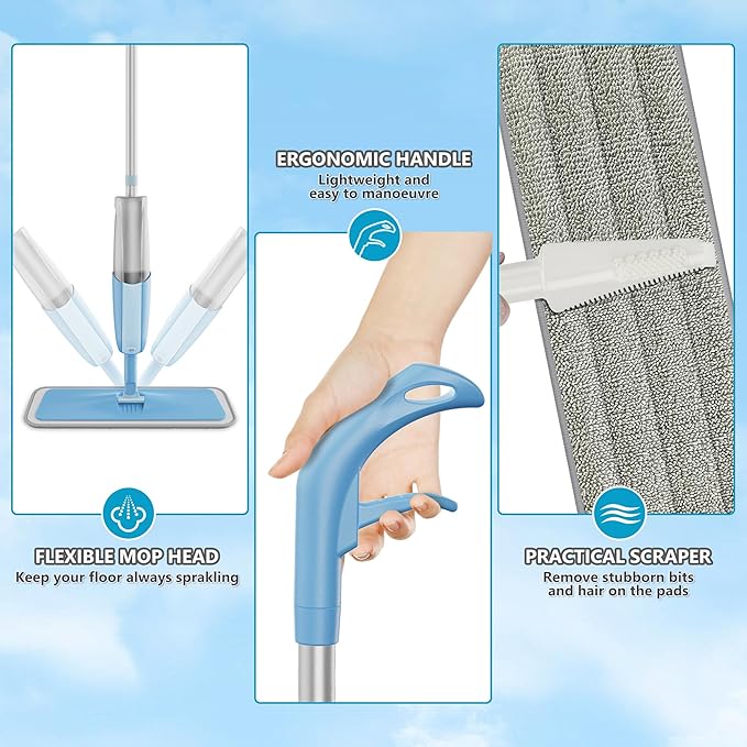 Spray Wet Mops for Hardwood Floor Cleaning: MEXERRIS Dust Dry Mop with 3 Microfiber Washable Mopping Pads - Flat Floor Mop with Sprayer Home Commercial Use for Wood Laminate Ceramic Tiles Vinyl