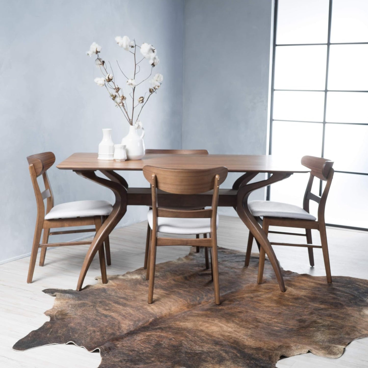 Christopher Knight Home Idalia Curved Leg Rectangular Dining Set, 5-Pcs Set, Natural Walnut / Light Beige