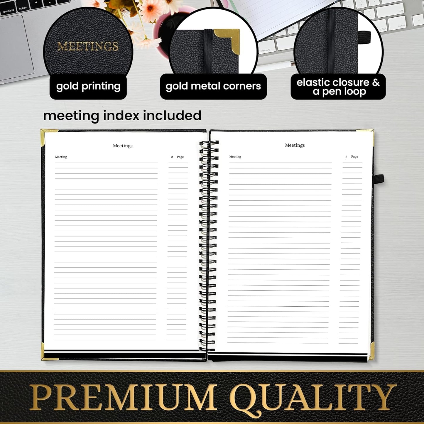 3 pcs Meeting Notebook for Work, This Comes with a Pen and a Business Card Holder, Pu Leather, Notebook for Meetings, Black and Gold Metal Corner 7”x10 Inch, Business Planner, Meetings