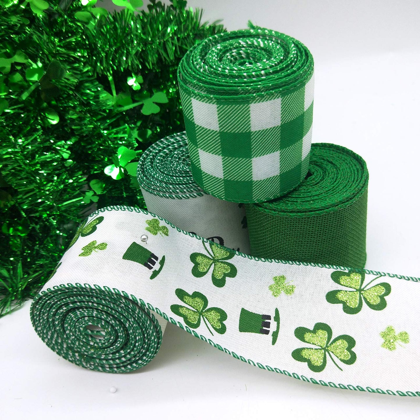 Tlswshsy 4 Rolls Shamrock Wired Edge Ribbon - 2.5''×24 Yard St Patrick's Day Green Wired Ribbon, Burlap Plaid Shamrock Fabric Craft Irish Ribbons for Gift Wrapping, Wedding Birthday Crafts Decorations