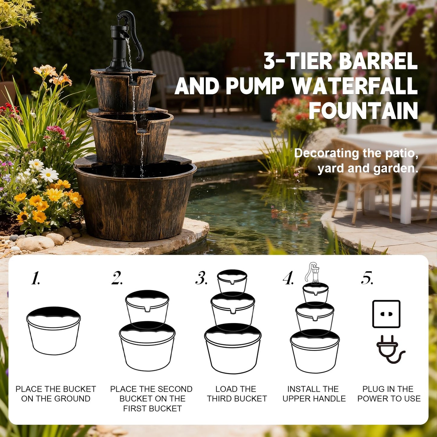 3-Tier Freestanding Rustic Barrel Waterfall Fountain,40-Inch Wood Outdoor Water Fountain with Pump for Garden,Patio, Backyard and Porch