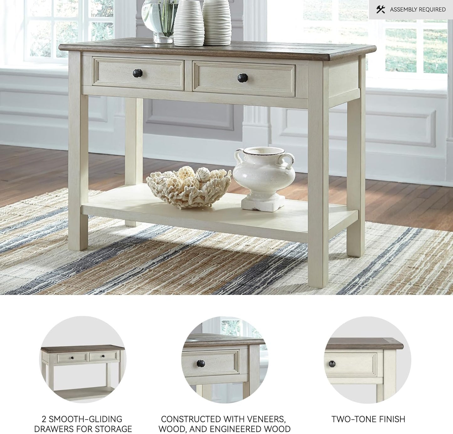 Signature Design by Ashley Bolanburg Farmhouse Rectangular Two Tone Sofa Table, Antique Cream