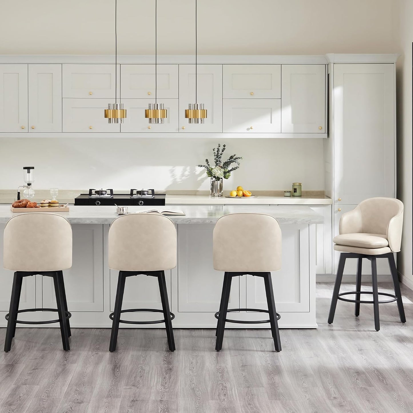 Counter Height Barstools 26 inch Upholstered Swivel Bar Stools with Back and Wood Legs for Kitchen Island,Set of 4,Beige PU Leather