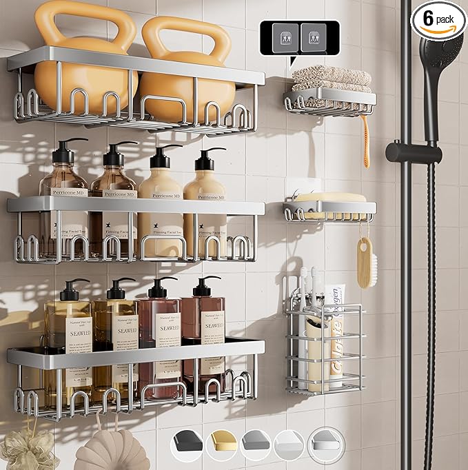 Veken Shower Caddy 6-Pack, Family Choice Award Winner, Large Wall Mounted Shower Rack, Bathroom Shelves Over Toilet, Organizer Storage Accessories with Soap Dish & Toothbrush Holder, Silver