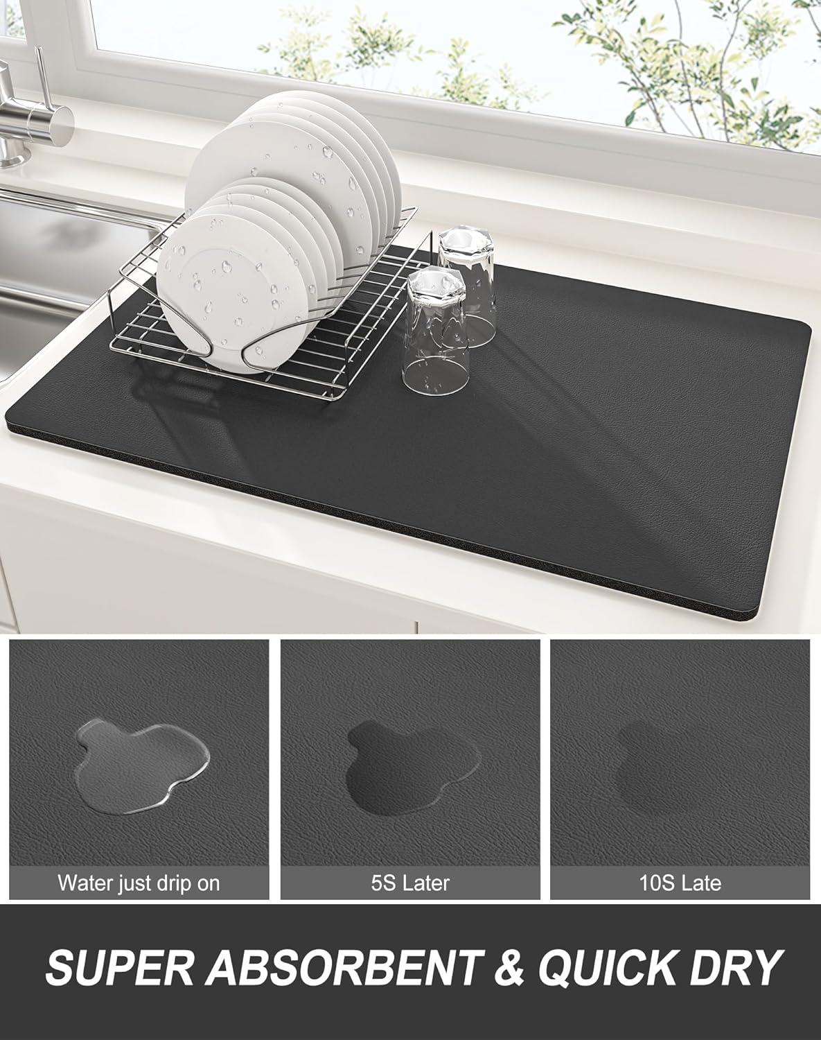 Rnivvi Dish Drying Mat for Kitchen Counter, 12 x 19" Super Absorbent Drainer Pad Easy Clean Dish Rack Pad, Non-Slip Heat Resistant Coffee Bar Mats for Coffee Machine Station Accessories Decor, Gray
