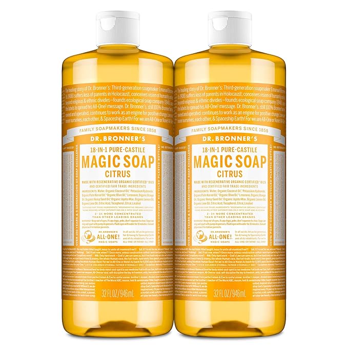 Dr. Bronner's Magic Soap-Pure-Castile Liquid Soap (Citrus, 32oz, 2-Pack)-Regenerative Organic Certified Oils, 18-in-1 Uses: Body, Hair, Laundry, Pets & Dishes, Concentrated, Vegan, Non-GMO