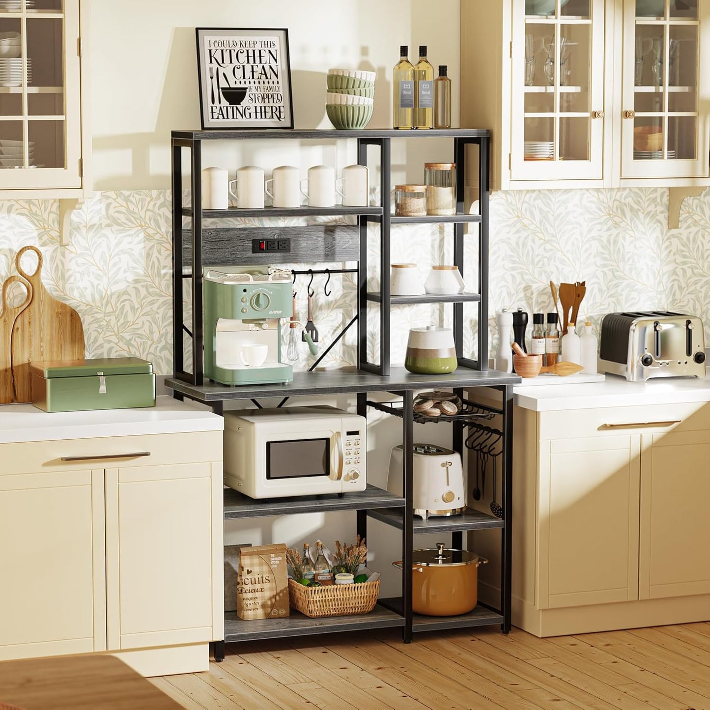 SUPERJARE Large Bakers Rack with Power Outlets, 6-Tier Microwave Stand, Coffee Bar with 12 S-Shaped Hooks, Kitchen Shelf with Wire Basket, 39.3 x 15.5 x 66.9 Inches, Charcoal Gray