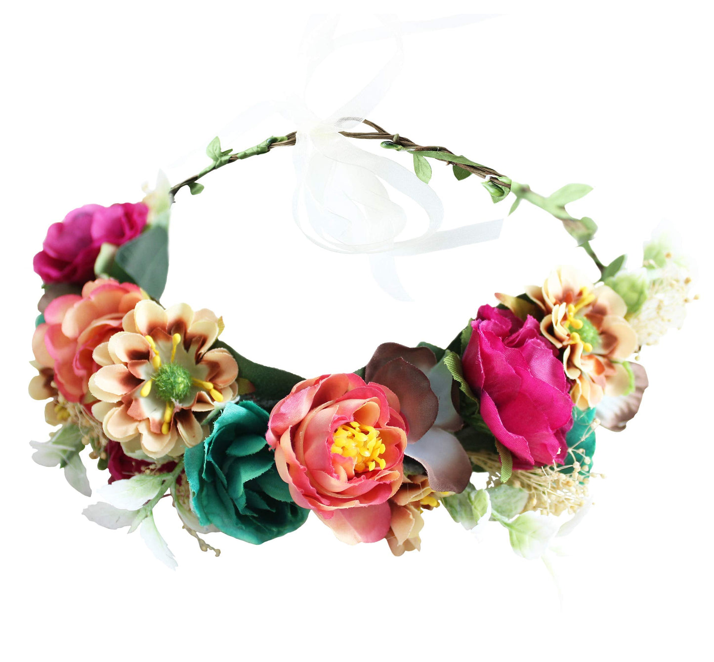 LLinfflr Women Floral Crown Flower Garland Headband Hair Wreath Floral Halo Headpiece Boho with Ribbon Wedding Party Photos