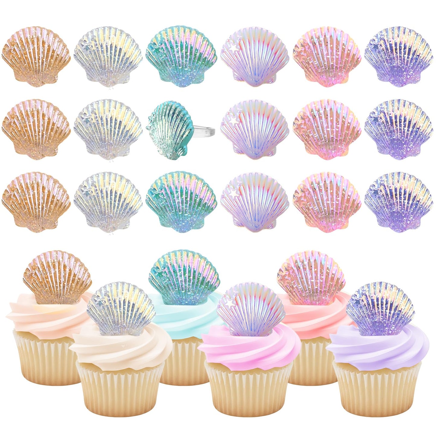Kenning 24 Pcs Resin Seashell Cupcake Ring Toppers Under the Sea Cupcake Topper for Seashell Theme Birthday Party Cake Decorations Baby Shower Weeding Anniversary Sea Party Supplies