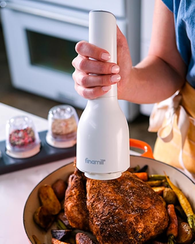 FinaMill Classic Battery Spice Mill – Battery Operated Salt and Pepper Grinder Set, Includes 2 Interchangeable Spice Pods, Adjustable Coarseness, Ceramic Grinder, LED Light, Kitchen Gifts for Women