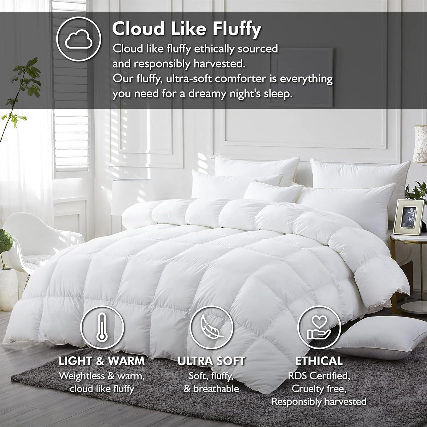 Luxurious White Solid Medium Weight, Palatial King Size Goose Feathers Down Comforter for All-Season Weather, 120 X 98 inches, Premium Baffle Box, 100% Egyptian Cotton Cover, 85 oz. Fill Weight