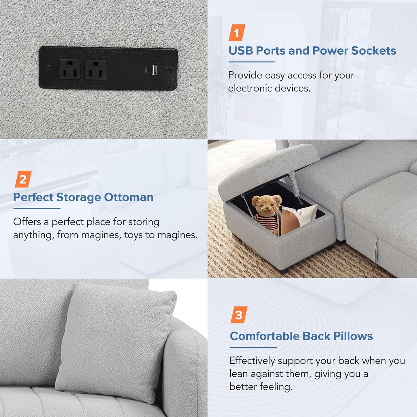 Ball & Cast L-Shaped Sectional Pull Out Sofa with Two USB Ports,4-Seater Convertible Couch w/Power Sockets and Movable Storage Ottoman,for Living Room,Apartment,Grey