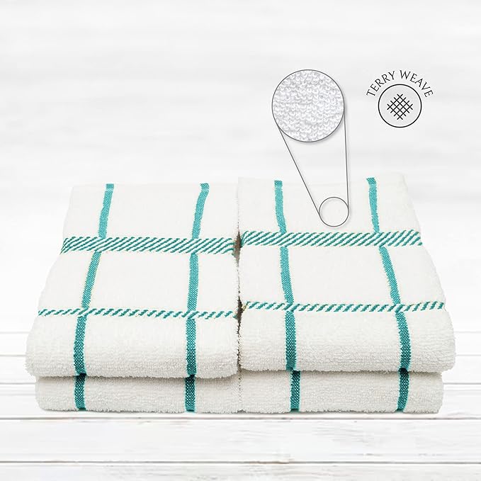 100% Cotton Terry Dish Cloth & Dish Towel (Teal, Dish Towel - 4 Pack(Checks))
