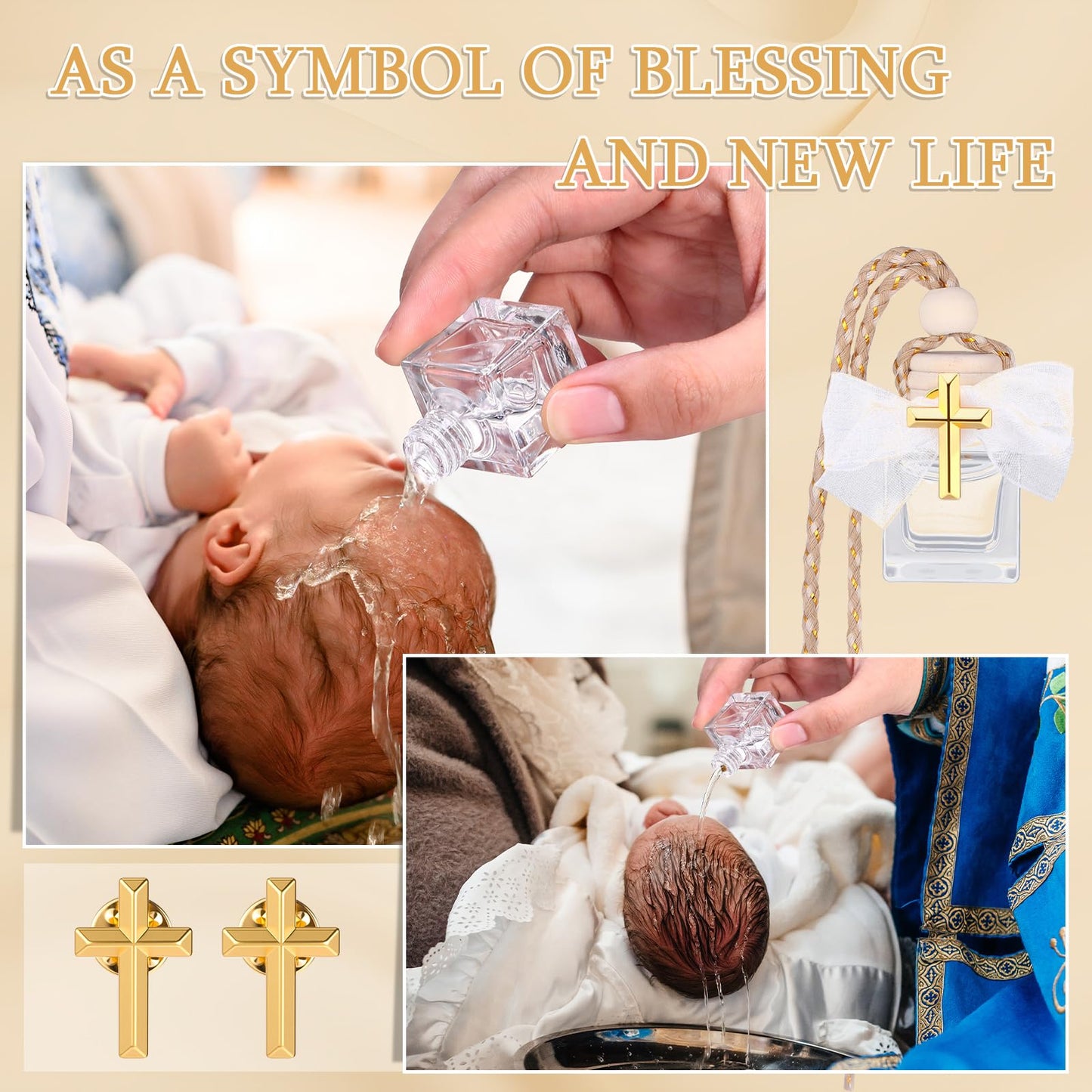 Afarnook 30 Set Holy Water Bottles Baptism Favors for Guest 8ml Mini Catholic Christian Holy Water Container with Cross Pin and Ribbon for Church Baptism Communion Christian Gift(White,Square)
