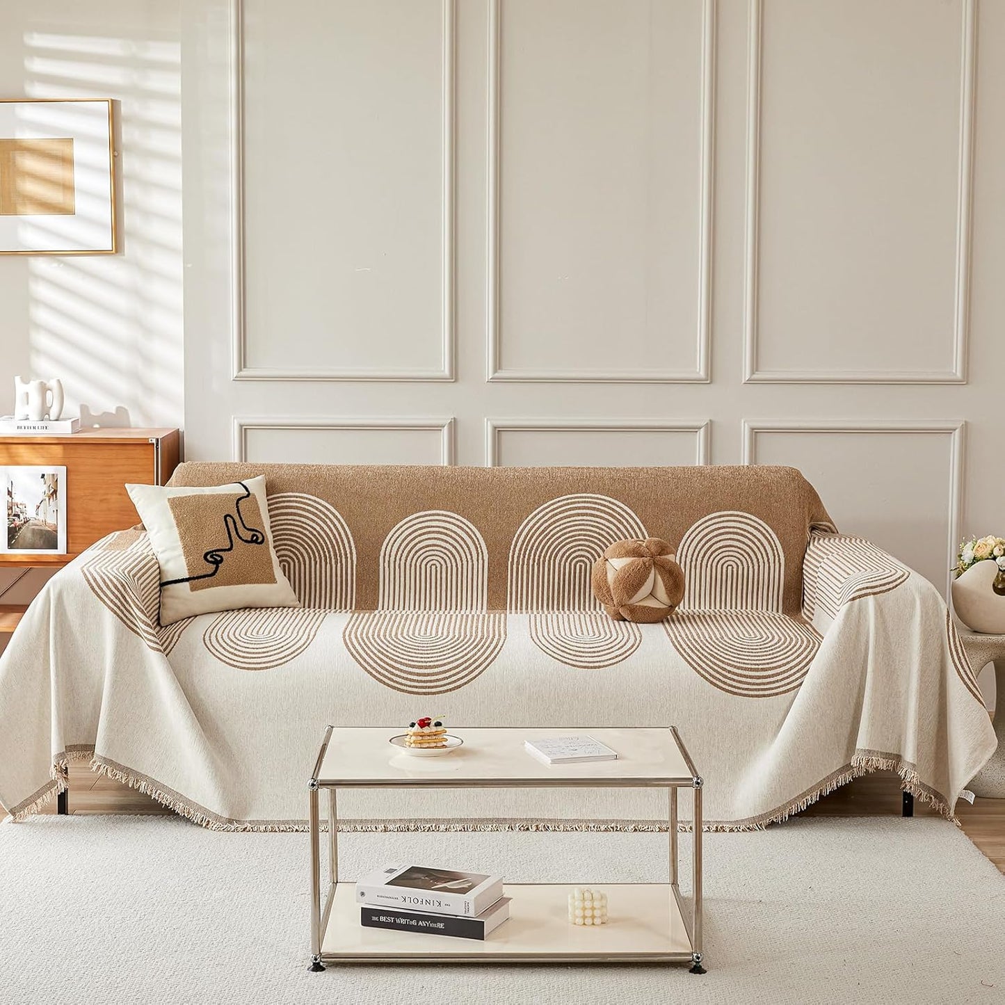 STACYPIK Modern Beige Geometric Couch Cover for Dog Boho Reversible Sofa Covers for 3 Cushion Couch Washable Furniture Protector Chenille Sofa Slipcover Loveseat Cover Multi-Use Throw Blanket-71X134IN