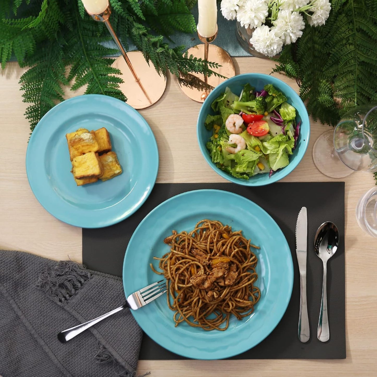 TP 12-Piece Dinnerware Set, Melamine Dishes Set with Bowls and Plates, Non-breakable and Lightweight Dinner Service for 4, Teal