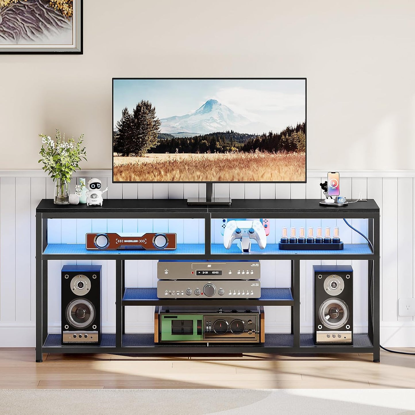 HOOBRO LED TV Stand with Charging Station, 4-Tier Entertainment Gaming Center, Modern Media Console Table, Open Shelves, 55.1"L x 13.8"W x 26.2"H, for TVs up to 65", for Living Room, Black BB47UDDS01