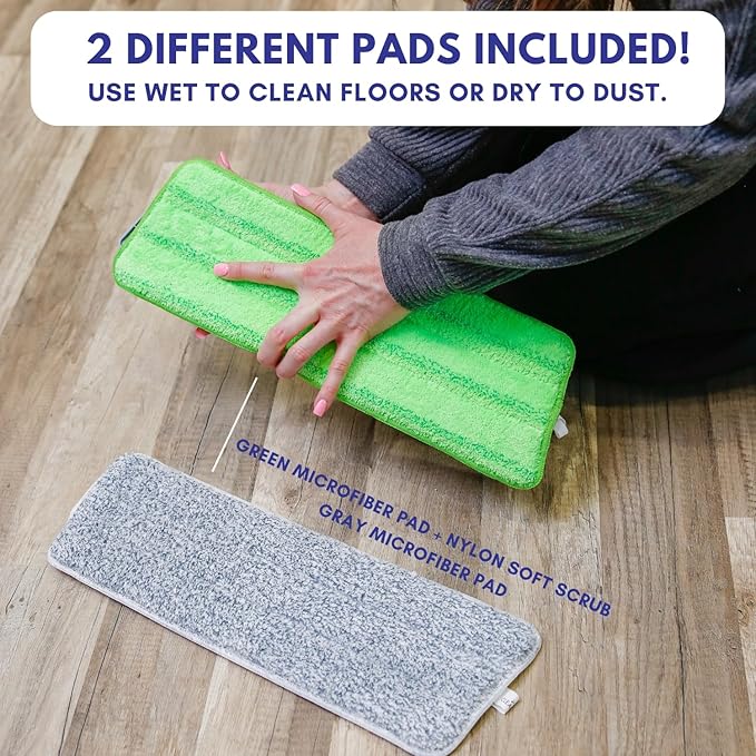 Don Aslett's Spray Mop Plus+ for Floor Cleaning| 360° Rotatable Head | Reusable Microfiber Pad | Rubber Scraper | Refillable | Cleaning Pods | All Floor Types Including Laminate, Hardwood, Tile