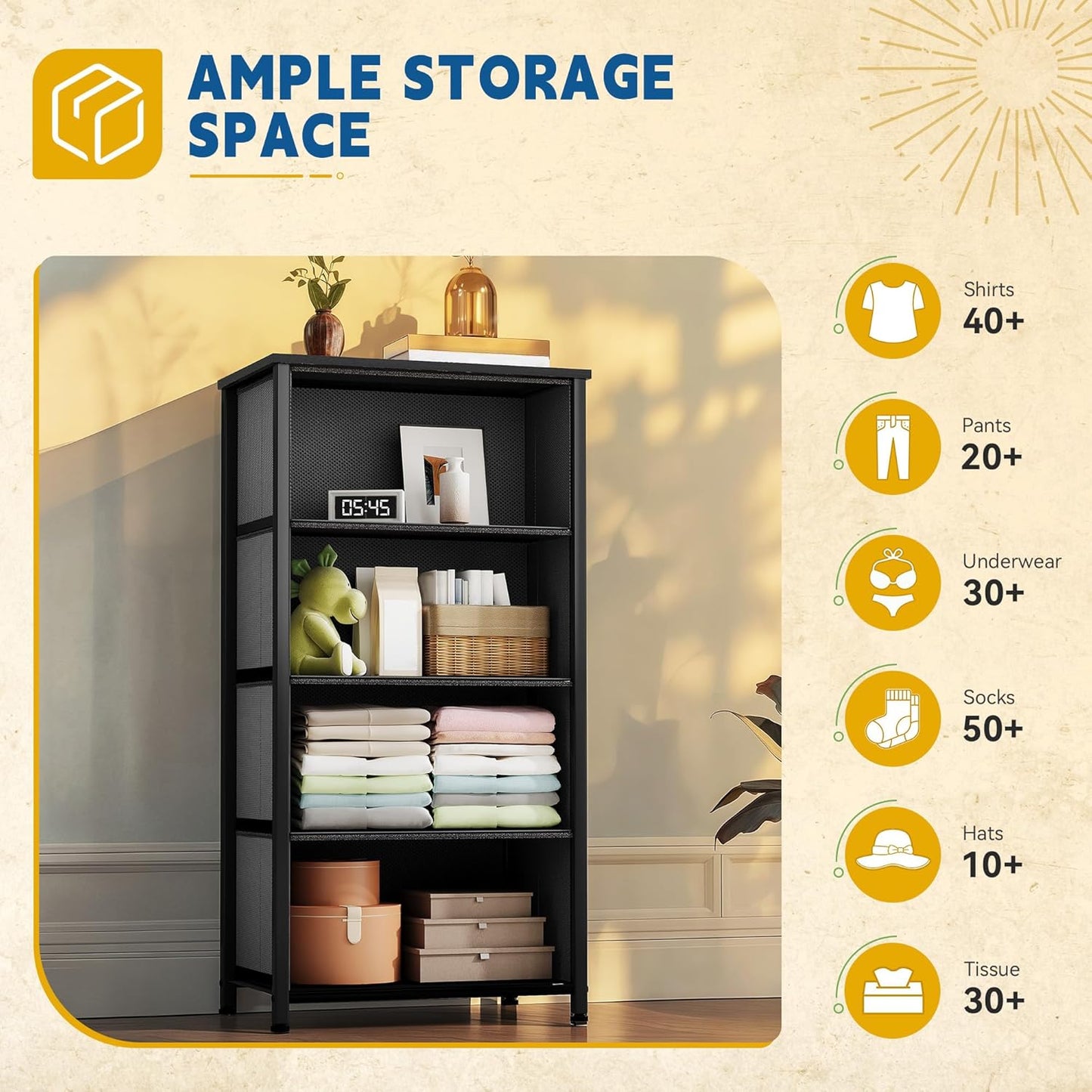 DWVO 4 Drawers Dresser, Dresser for Bedroom, Fabric Storage Tower, Chest of Drawers, Organizer Unit for Closets, Living Room, Sturdy Steel Frame, Wooden Top, Easy Pull Fabric Bins