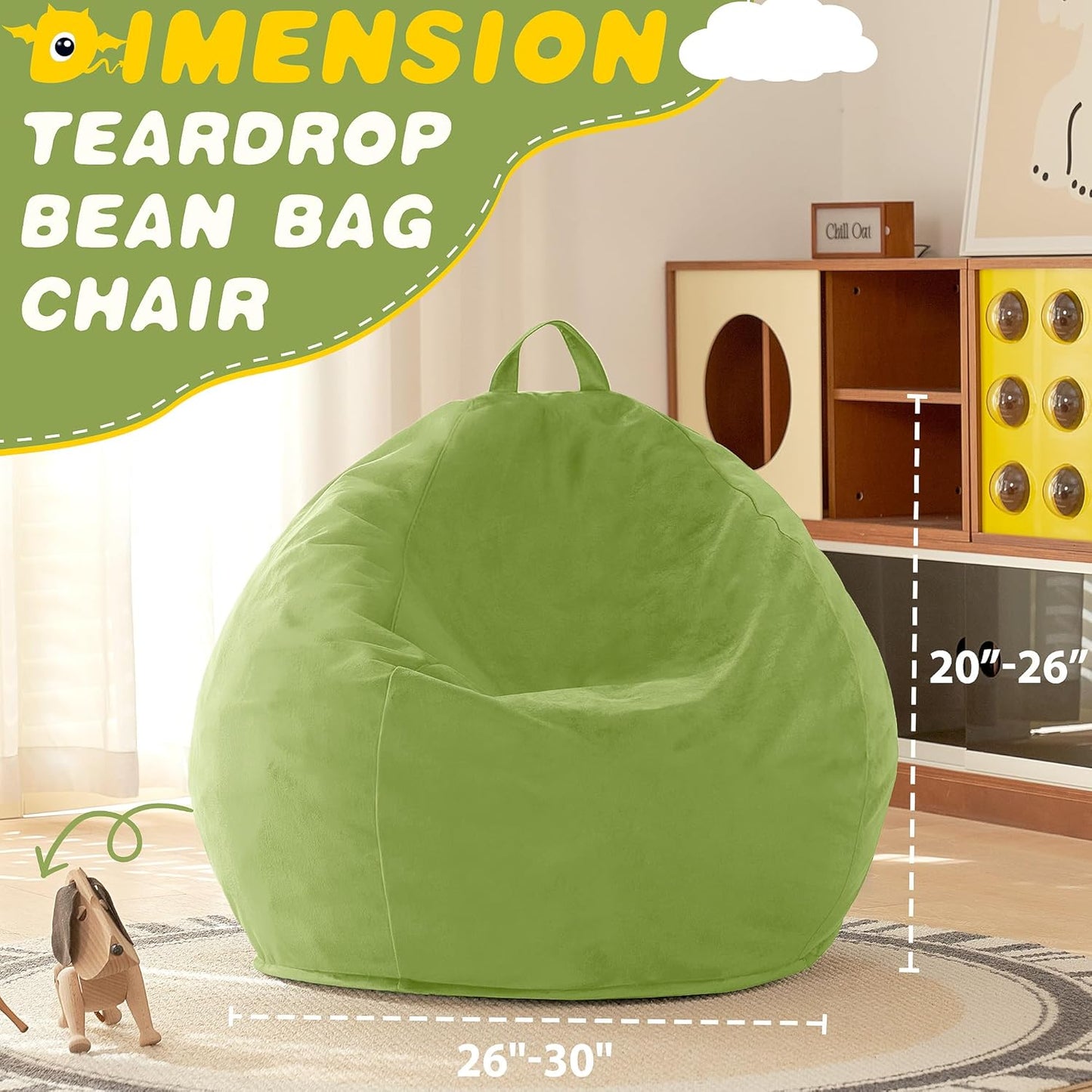 HABUTWAY 2FT Bean Bag Chair, 2' Beanbags Small Bean Bag Chairs with Filling, Teardrop Bean Bag Chair Luxurious Velvet Ultra Soft Fur with Removable Cover (Lime)