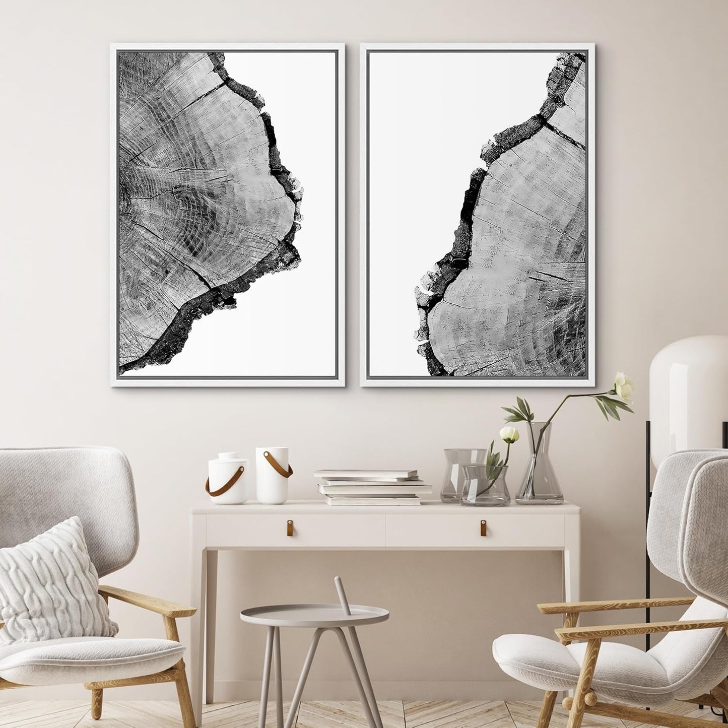 SIGNWIN Framed Wall Art Print Set Black & White Close Up Tree Ring Details Nature Wilderness Photography Modern Art Rustic Relax/Calm Multicolor for Living Room, Bedroom, Office - 24"x36"x2 White