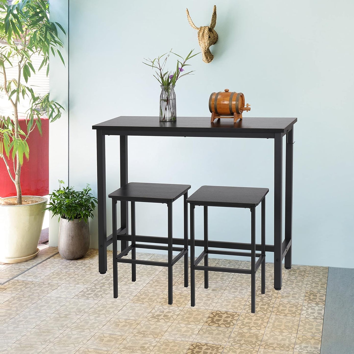 Finnhomy 47" Bar Set - Pub High Top Table With Stools, Rectangular Bar Height Kitchen Set for 2, Industrial Breakfast for Kitchen, Living Room, Rustic Black